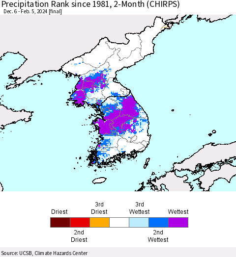 Korea Precipitation Rank since 1981, 2-Month (CHIRPS) Thematic Map For 12/6/2023 - 2/5/2024