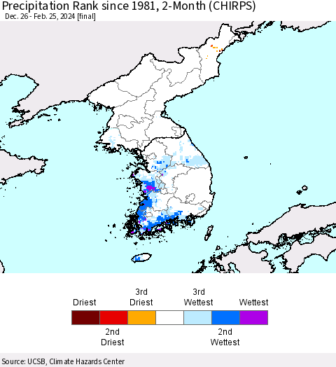 Korea Precipitation Rank since 1981, 2-Month (CHIRPS) Thematic Map For 12/26/2023 - 2/25/2024