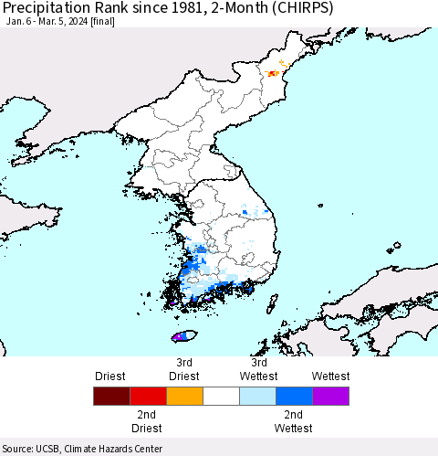 Korea Precipitation Rank since 1981, 2-Month (CHIRPS) Thematic Map For 1/6/2024 - 3/5/2024