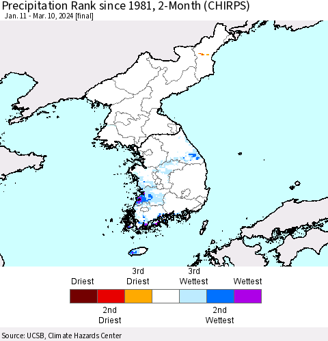 Korea Precipitation Rank since 1981, 2-Month (CHIRPS) Thematic Map For 1/11/2024 - 3/10/2024