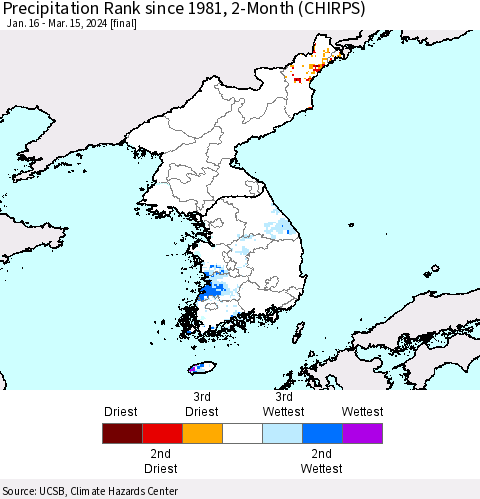 Korea Precipitation Rank since 1981, 2-Month (CHIRPS) Thematic Map For 1/16/2024 - 3/15/2024