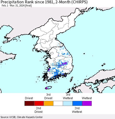 Korea Precipitation Rank since 1981, 2-Month (CHIRPS) Thematic Map For 2/1/2024 - 3/31/2024