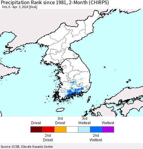 Korea Precipitation Rank since 1981, 2-Month (CHIRPS) Thematic Map For 2/6/2024 - 4/5/2024