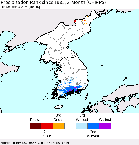 Korea Precipitation Rank since 1981, 2-Month (CHIRPS) Thematic Map For 2/6/2024 - 4/5/2024