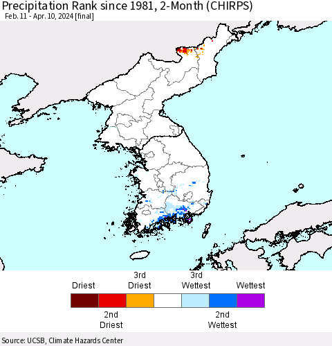 Korea Precipitation Rank since 1981, 2-Month (CHIRPS) Thematic Map For 2/11/2024 - 4/10/2024