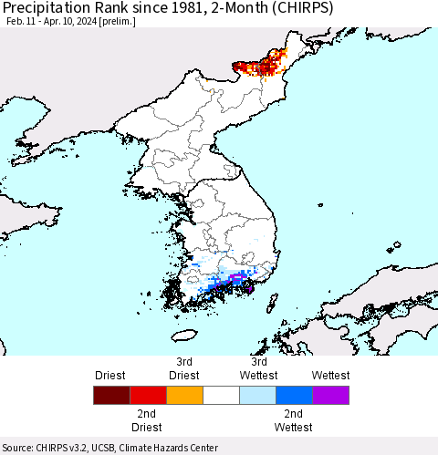 Korea Precipitation Rank since 1981, 2-Month (CHIRPS) Thematic Map For 2/11/2024 - 4/10/2024