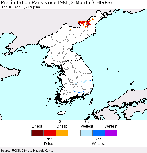 Korea Precipitation Rank since 1981, 2-Month (CHIRPS) Thematic Map For 2/16/2024 - 4/15/2024