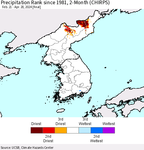 Korea Precipitation Rank since 1981, 2-Month (CHIRPS) Thematic Map For 2/21/2024 - 4/20/2024