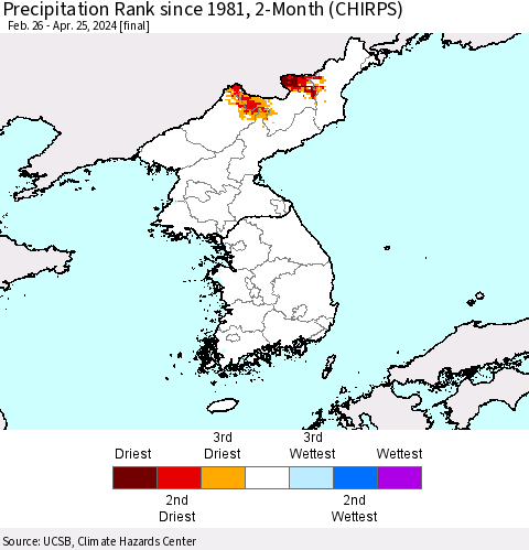 Korea Precipitation Rank since 1981, 2-Month (CHIRPS) Thematic Map For 2/26/2024 - 4/25/2024