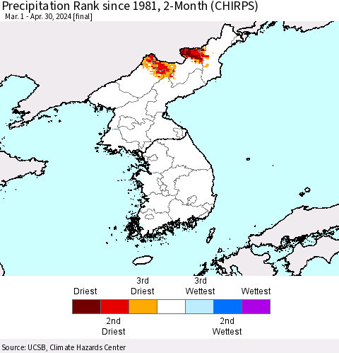 Korea Precipitation Rank since 1981, 2-Month (CHIRPS) Thematic Map For 3/1/2024 - 4/30/2024