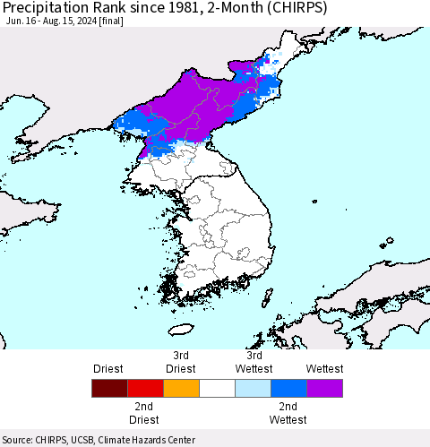 Korea Precipitation Rank since 1981, 2-Month (CHIRPS) Thematic Map For 6/16/2024 - 8/15/2024