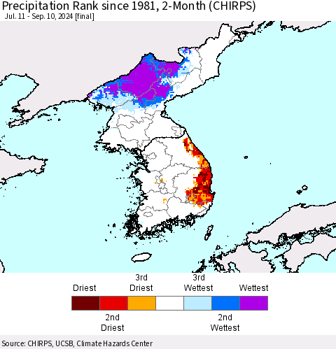 Korea Precipitation Rank since 1981, 2-Month (CHIRPS) Thematic Map For 7/11/2024 - 9/10/2024