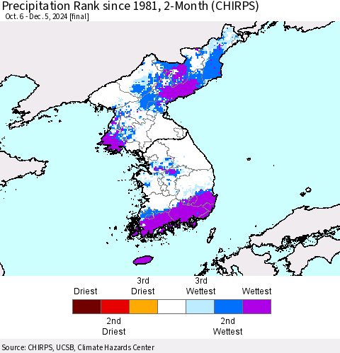 Korea Precipitation Rank since 1981, 2-Month (CHIRPS) Thematic Map For 10/6/2024 - 12/5/2024