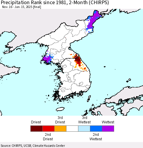 Korea Precipitation Rank since 1981, 2-Month (CHIRPS) Thematic Map For 11/16/2024 - 1/15/2025
