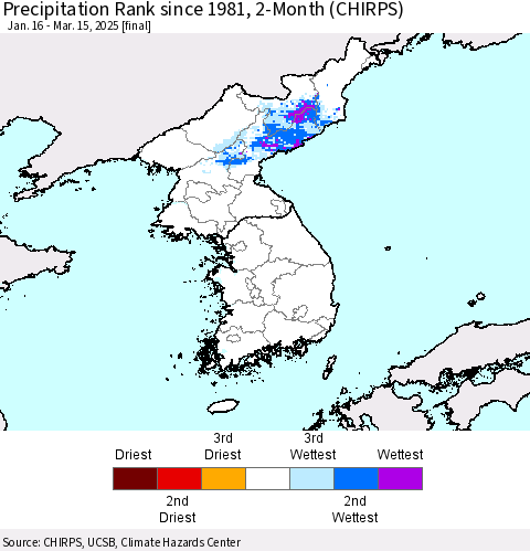 Korea Precipitation Rank since 1981, 2-Month (CHIRPS) Thematic Map For 1/16/2025 - 3/15/2025