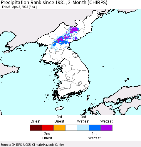 Korea Precipitation Rank since 1981, 2-Month (CHIRPS) Thematic Map For 2/6/2025 - 4/5/2025