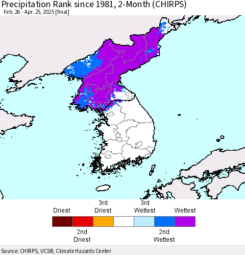 Korea Precipitation Rank since 1981, 2-Month (CHIRPS) Thematic Map For 2/26/2025 - 4/25/2025