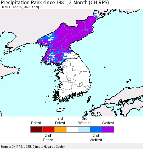 Korea Precipitation Rank since 1981, 2-Month (CHIRPS) Thematic Map For 3/1/2025 - 4/30/2025