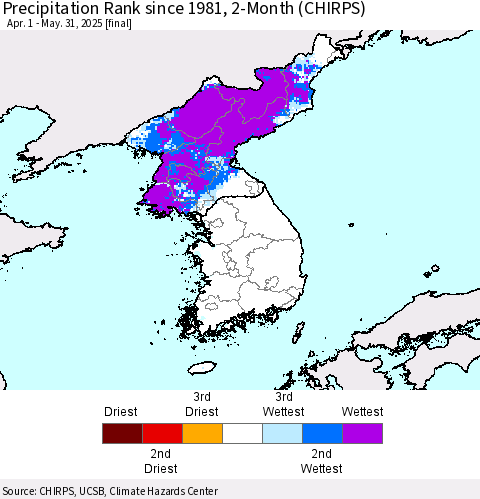 Korea Precipitation Rank since 1981, 2-Month (CHIRPS) Thematic Map For 4/1/2025 - 5/31/2025