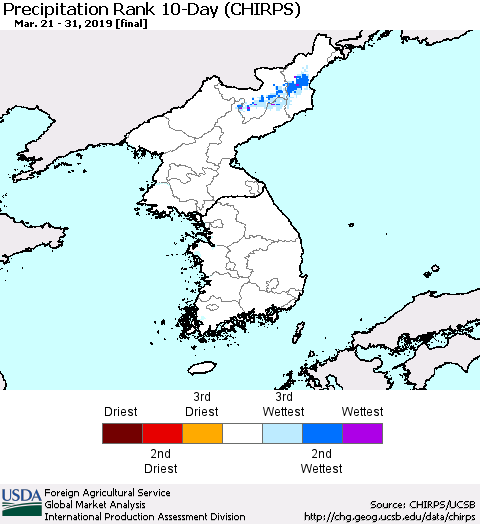 Korea Precipitation Rank since 1981, 10-Day (CHIRPS) Thematic Map For 3/21/2019 - 3/31/2019