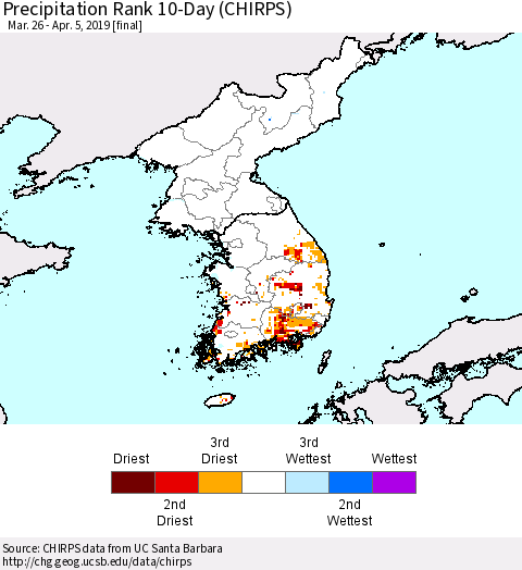 Korea Precipitation Rank since 1981, 10-Day (CHIRPS) Thematic Map For 3/26/2019 - 4/5/2019