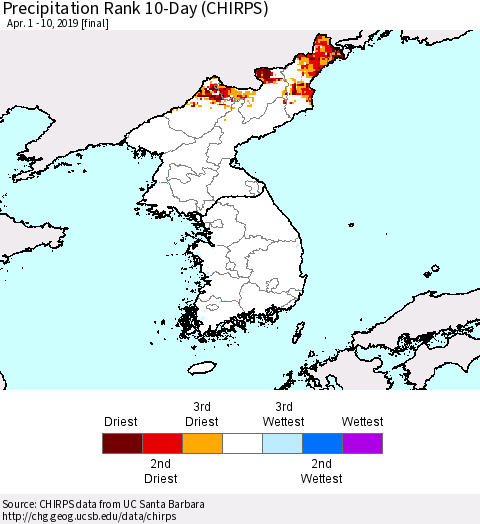 Korea Precipitation Rank since 1981, 10-Day (CHIRPS) Thematic Map For 4/1/2019 - 4/10/2019