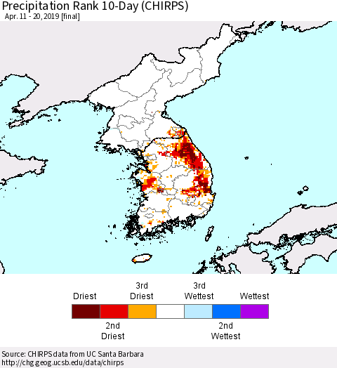 Korea Precipitation Rank since 1981, 10-Day (CHIRPS) Thematic Map For 4/11/2019 - 4/20/2019