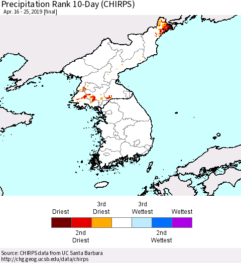 Korea Precipitation Rank since 1981, 10-Day (CHIRPS) Thematic Map For 4/16/2019 - 4/25/2019
