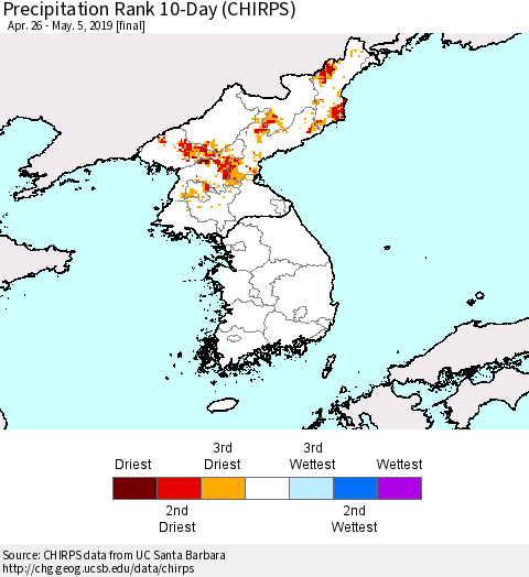 Korea Precipitation Rank since 1981, 10-Day (CHIRPS) Thematic Map For 4/26/2019 - 5/5/2019