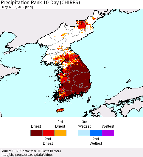 Korea Precipitation Rank since 1981, 10-Day (CHIRPS) Thematic Map For 5/6/2019 - 5/15/2019
