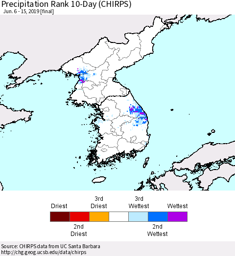 Korea Precipitation Rank since 1981, 10-Day (CHIRPS) Thematic Map For 6/6/2019 - 6/15/2019