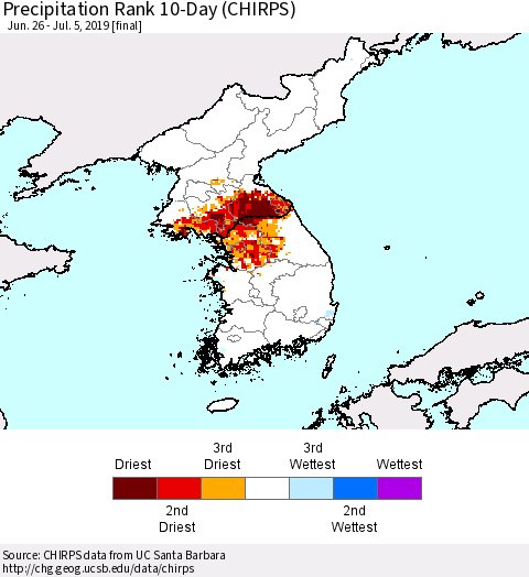 Korea Precipitation Rank since 1981, 10-Day (CHIRPS) Thematic Map For 6/26/2019 - 7/5/2019