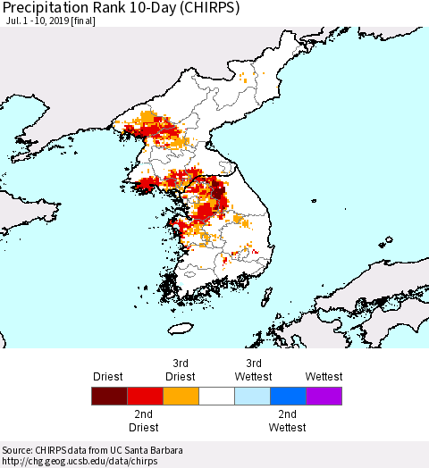 Korea Precipitation Rank since 1981, 10-Day (CHIRPS) Thematic Map For 7/1/2019 - 7/10/2019