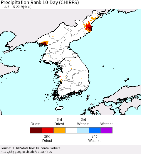 Korea Precipitation Rank since 1981, 10-Day (CHIRPS) Thematic Map For 7/6/2019 - 7/15/2019