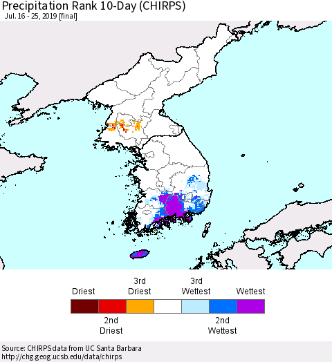 Korea Precipitation Rank since 1981, 10-Day (CHIRPS) Thematic Map For 7/16/2019 - 7/25/2019
