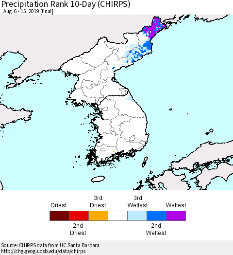 Korea Precipitation Rank since 1981, 10-Day (CHIRPS) Thematic Map For 8/6/2019 - 8/15/2019
