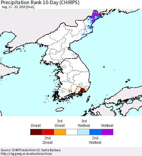 Korea Precipitation Rank since 1981, 10-Day (CHIRPS) Thematic Map For 8/11/2019 - 8/20/2019