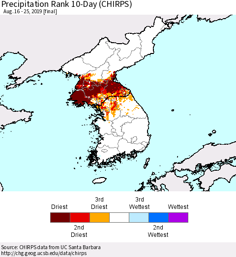 Korea Precipitation Rank since 1981, 10-Day (CHIRPS) Thematic Map For 8/16/2019 - 8/25/2019