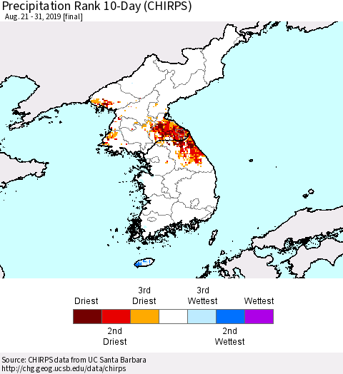 Korea Precipitation Rank since 1981, 10-Day (CHIRPS) Thematic Map For 8/21/2019 - 8/31/2019