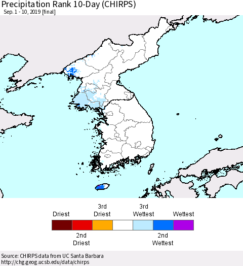 Korea Precipitation Rank since 1981, 10-Day (CHIRPS) Thematic Map For 9/1/2019 - 9/10/2019