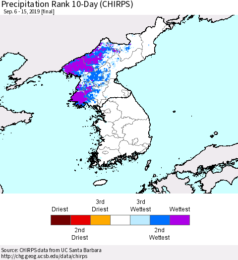 Korea Precipitation Rank 10-Day (CHIRPS) Thematic Map For 9/6/2019 - 9/15/2019
