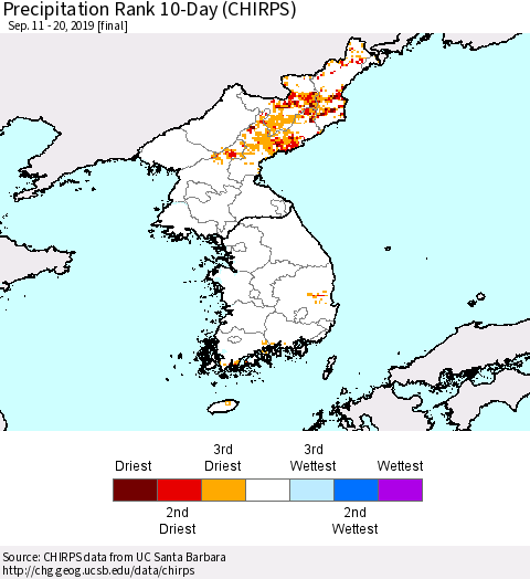Korea Precipitation Rank 10-Day (CHIRPS) Thematic Map For 9/11/2019 - 9/20/2019