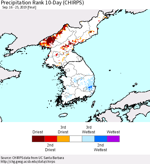 Korea Precipitation Rank since 1981, 10-Day (CHIRPS) Thematic Map For 9/16/2019 - 9/25/2019