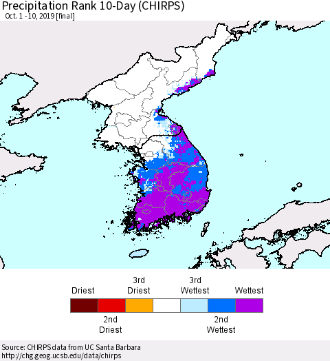Korea Precipitation Rank 10-Day (CHIRPS) Thematic Map For 10/1/2019 - 10/10/2019