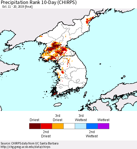 Korea Precipitation Rank 10-Day (CHIRPS) Thematic Map For 10/11/2019 - 10/20/2019