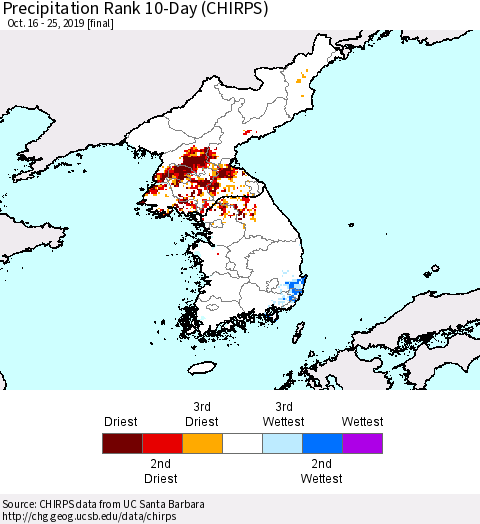 Korea Precipitation Rank 10-Day (CHIRPS) Thematic Map For 10/16/2019 - 10/25/2019