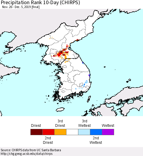 Korea Precipitation Rank 10-Day (CHIRPS) Thematic Map For 11/26/2019 - 12/5/2019