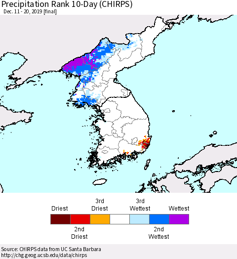 Korea Precipitation Rank 10-Day (CHIRPS) Thematic Map For 12/11/2019 - 12/20/2019