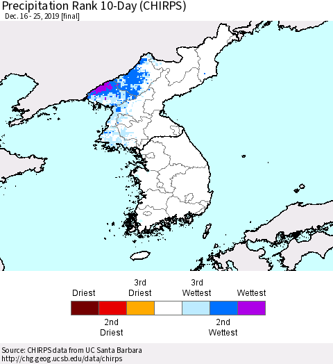 Korea Precipitation Rank 10-Day (CHIRPS) Thematic Map For 12/16/2019 - 12/25/2019