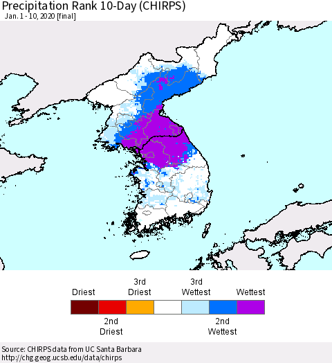 Korea Precipitation Rank 10-Day (CHIRPS) Thematic Map For 1/1/2020 - 1/10/2020